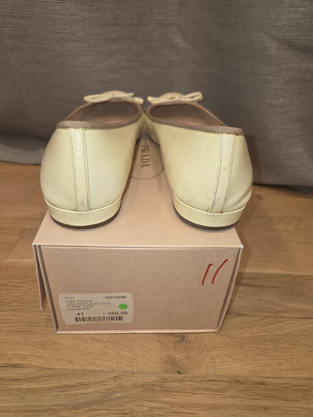 Prada Cream White Beige Patent Leather Bow Ballet Flats Gold Logo Hardware EU 41 - Picture 4 of 11